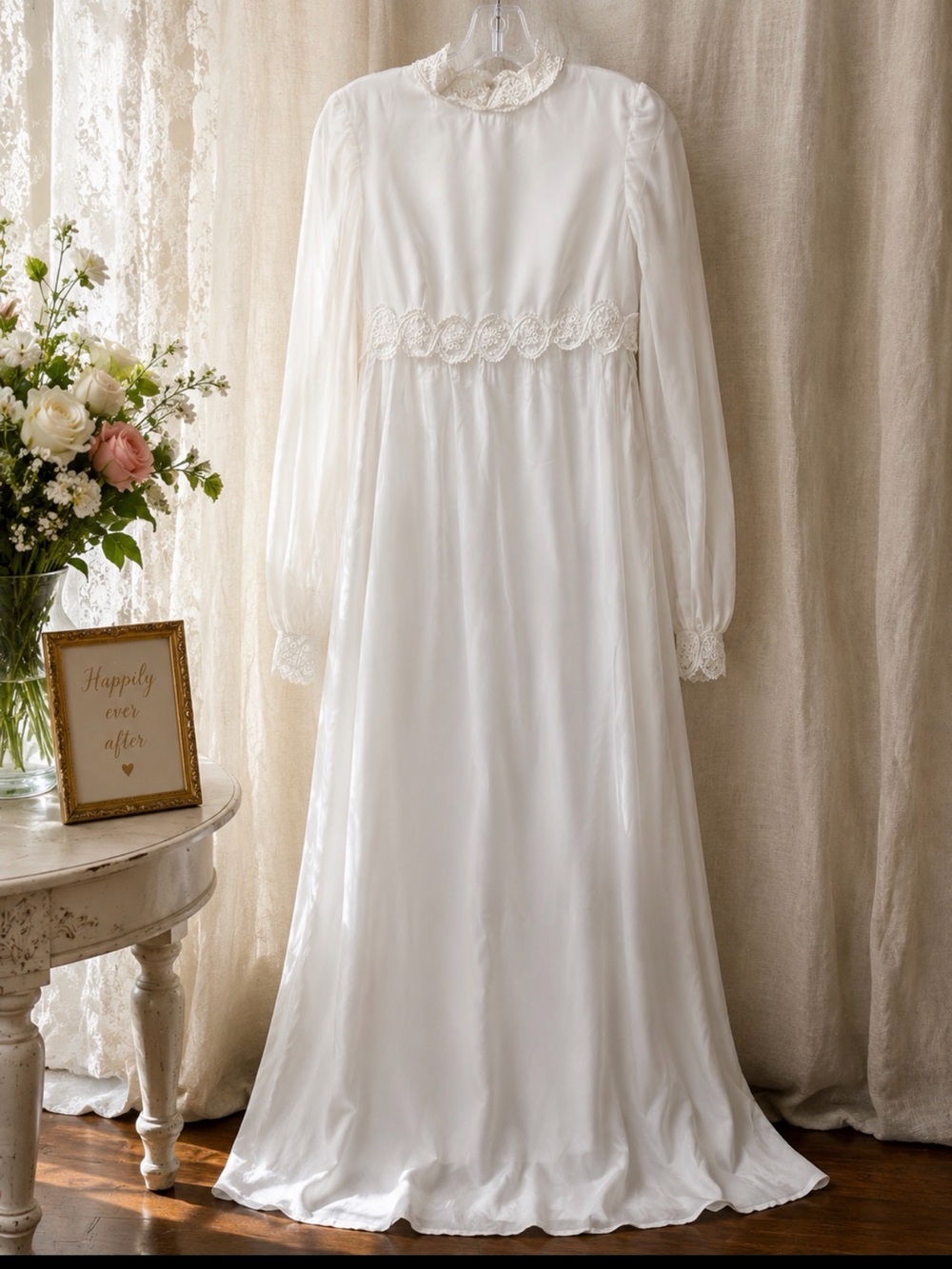 Vintage Bridal Originals high neck lace trimmed wedding gown
